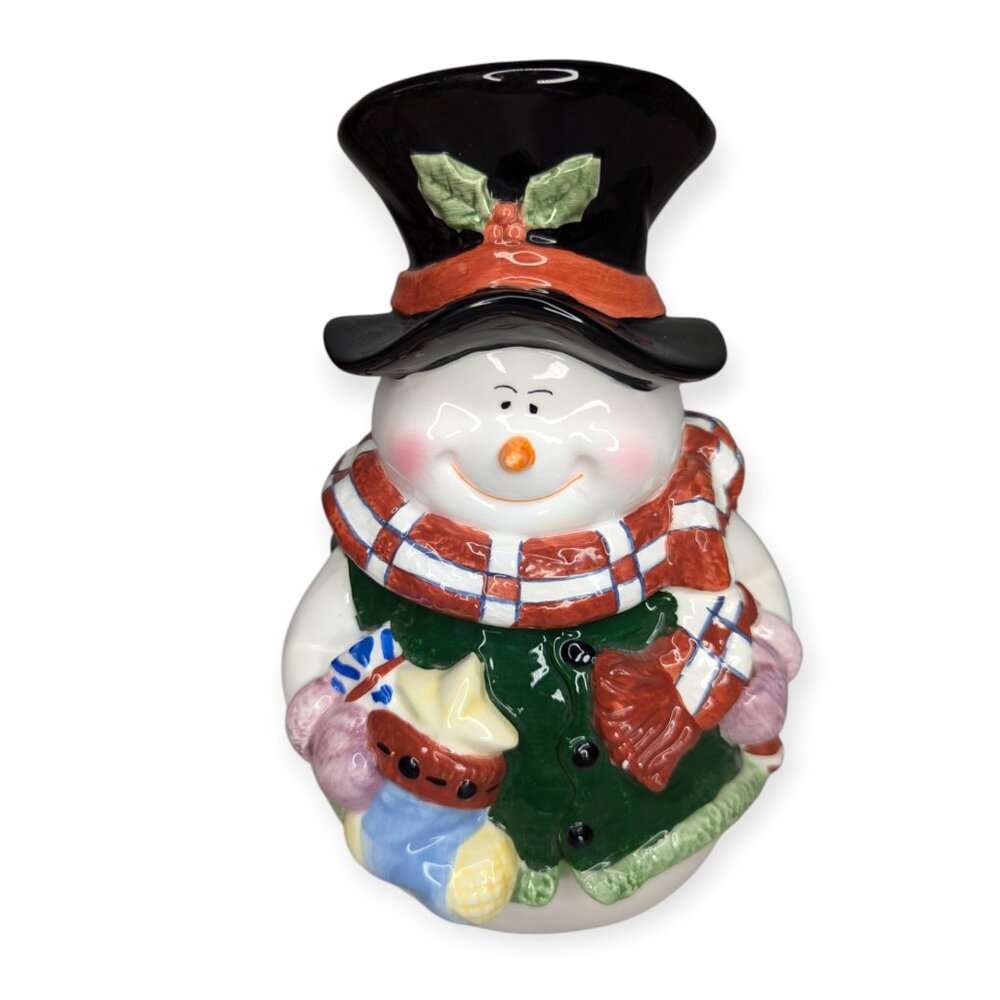 Christmas Winter Snowman Ceramic 2-Piece Candy Jar with Original Box 8" Tall